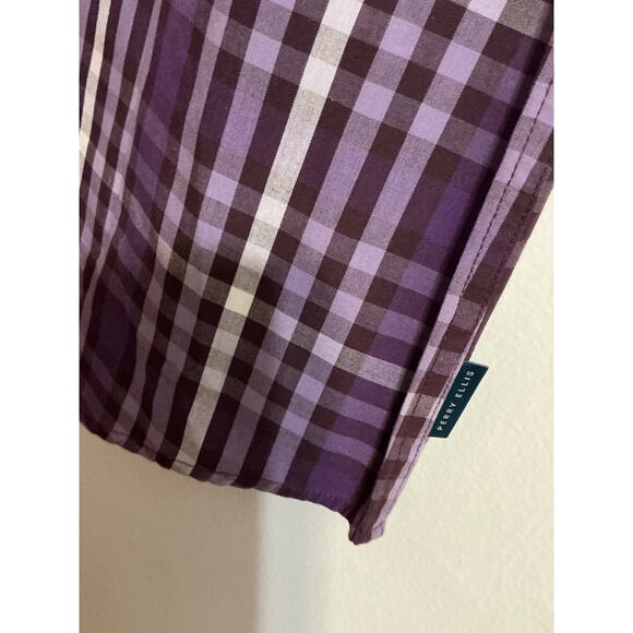 PERRY ELLIS Men's Shirt Large Violet white Plaid Short Sleeve Linen Cotton - Picture 2 of 8